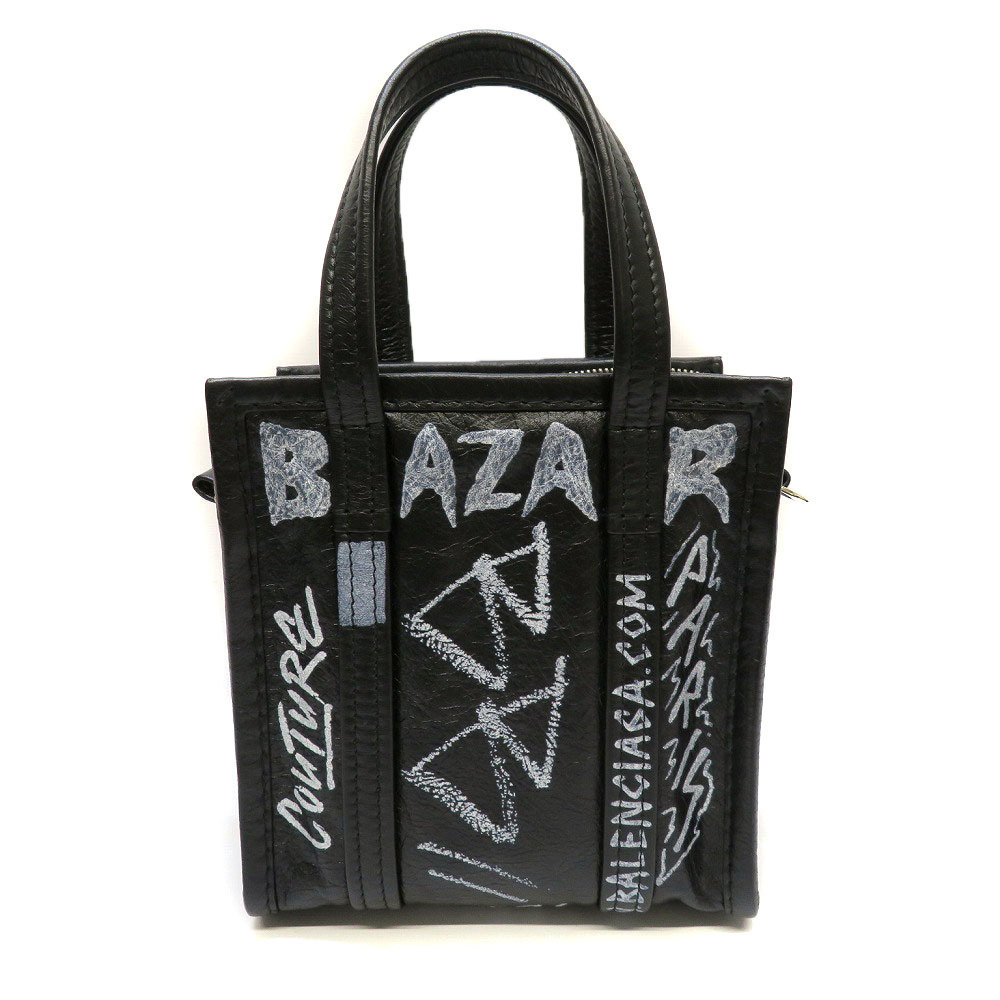 Balenciaga Bazaar Shopper Graffiti Arena Leather Handbag Black View 2